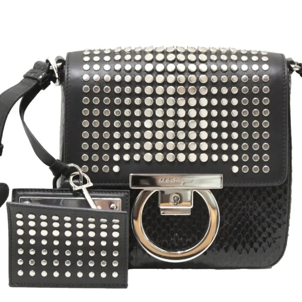 Salvatore Ferragamo Studded Exotics Python Shoulder Grancini Flap Mini Bag